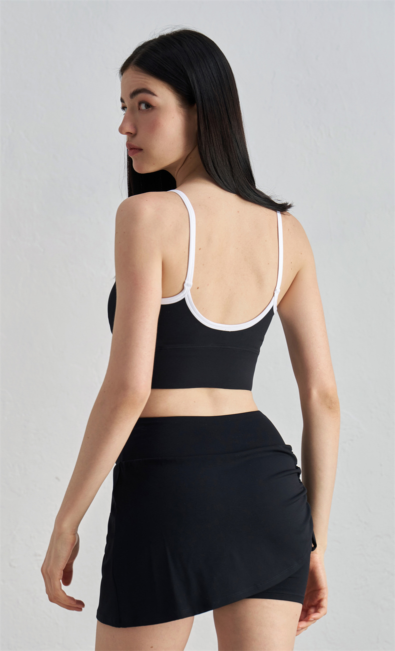 Women's High Waist Yoga Skirt and Cropped Tank Top Set - 80% Nylon 20% Spandex Sweat-Wicking Fitness Outfit for Yoga, Gym, Pilates, Running – Black with White Trim - Image 2